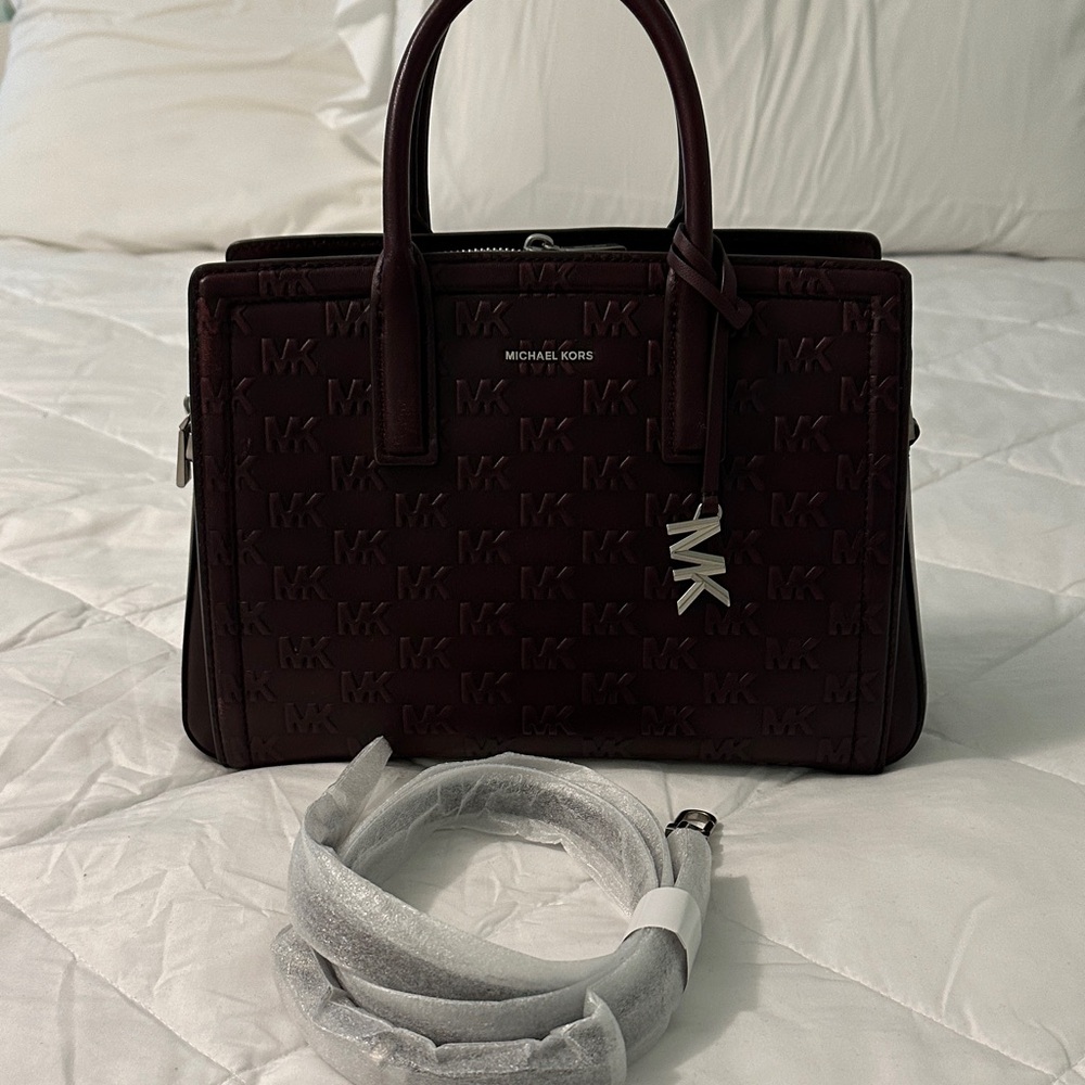 Michael Kors Embossed MK Satchel in Deep Burgundy